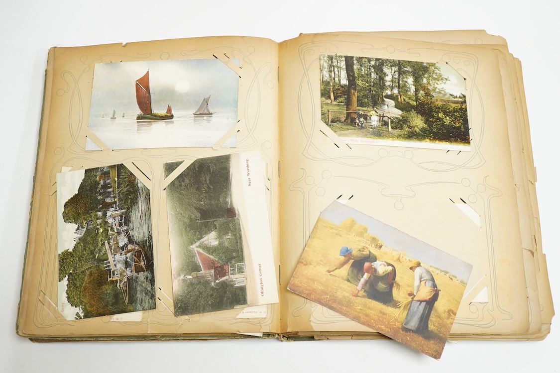 An album of Edwardian and later postcards and a small WWI La Guerre Europeenne booklet of postcards